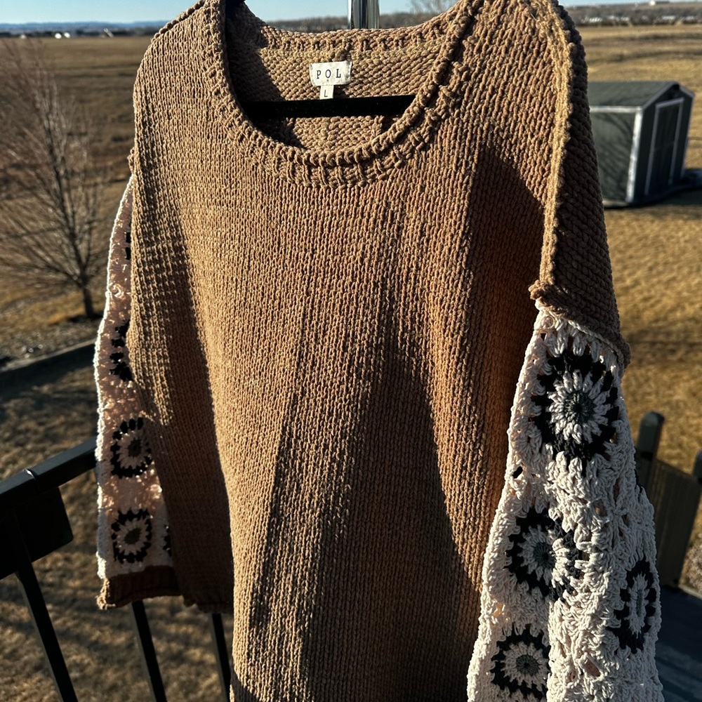 POL Brown Sweater, Cream Crochet Sleeves, dark blue squares, lighter center - Picture 2 of 9